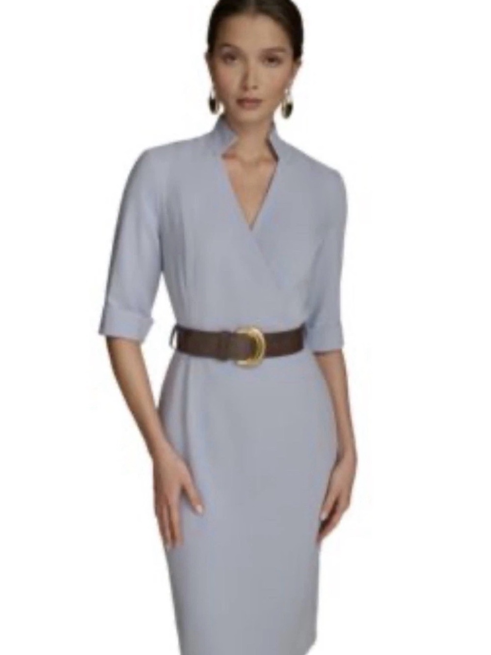 Donna Karan Powder Blue Wrap-Front Midi Dress with Brown Belt
